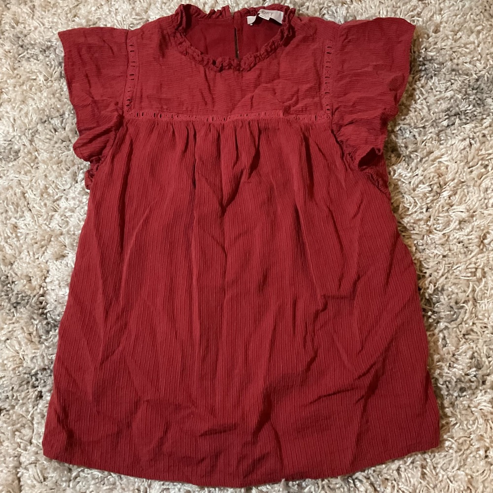 Loft Red Textured Ruffle Neck‎ Flutter Sleeve Peasant Top Women S